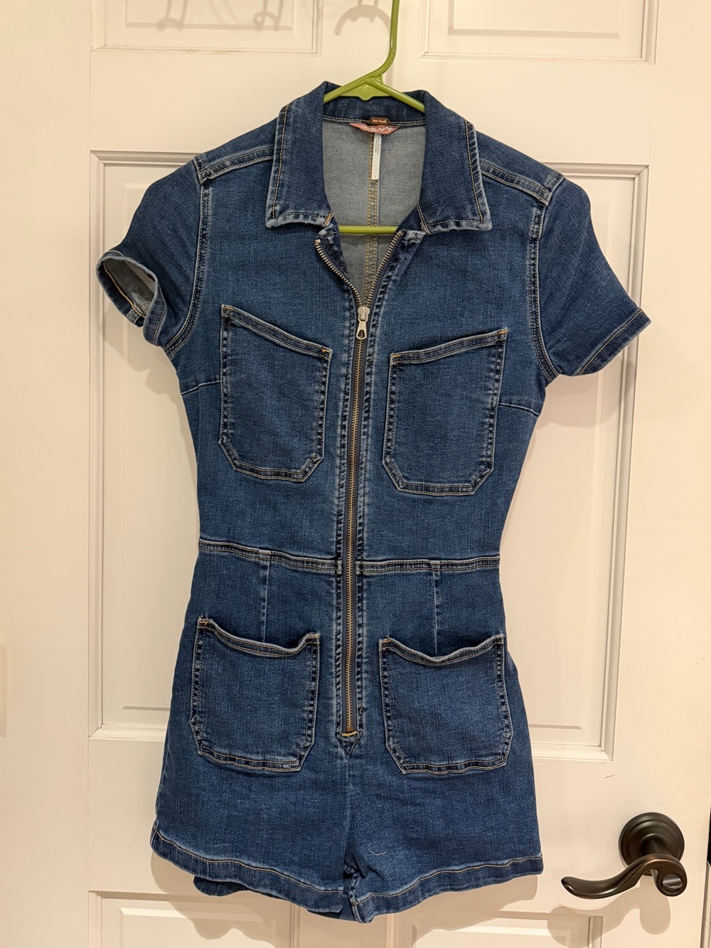 Free People Blue Lennox Short-Sleeve Denim Zip Up Romper